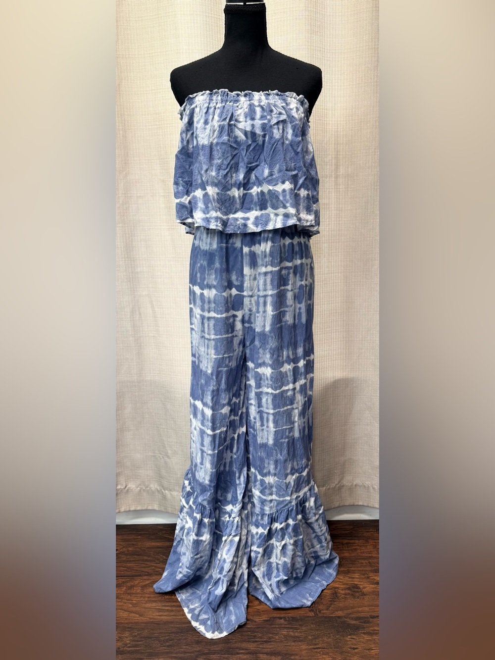 Japna Tie Dye Strapless Jumpsuit Large Blue White Boho Wide Leg Ruffle